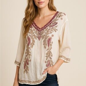 Johnny Was Cream and Brown Embroidered Blouse